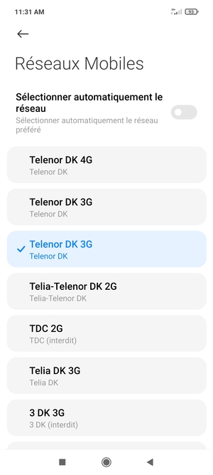 Sélectionnez un opérateur réseau dans la liste