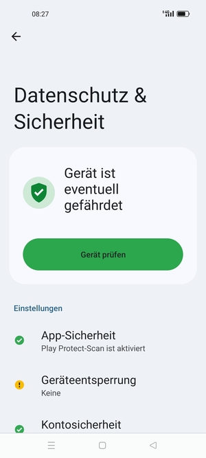 Um Ihre Bildschirmsperre zu aktivieren, gehen Sie zum Datenshutz & Sicherheit Menü und wählen Sie  Geräteentsperung