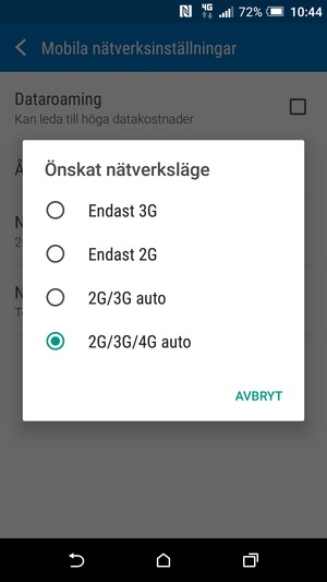 Välj 2G/3G auto för att aktivera 3G och 2G/3G/4G auto för att aktivera 4G
