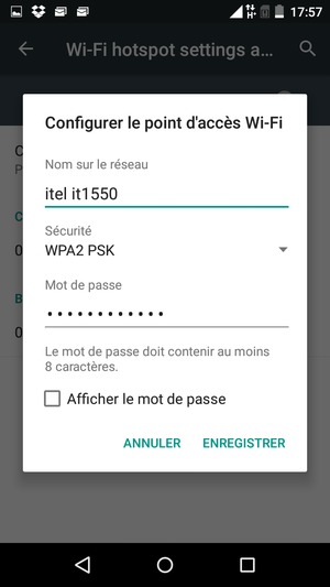 Saisissez un mot de passe de hotspot Wi-Fi d'au moins 8 caractères et sélectionnez ENREGISTRER