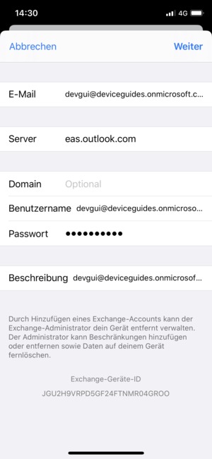 Geben Sie Ihre Exchange E-Mail-Informationen ein und wählen Sie Weiter