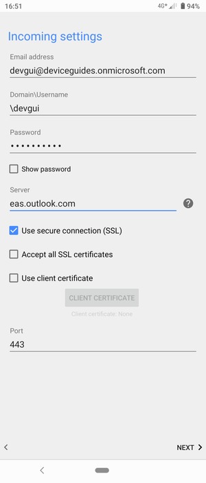 Enter Username and Exchange server address. Select NEXT