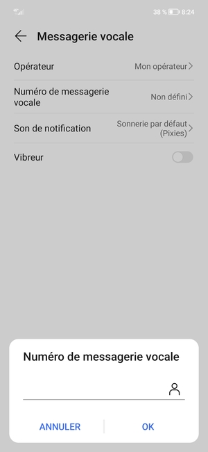 Saisissez le Numéro de messagerie vocale et sélectionnez OK