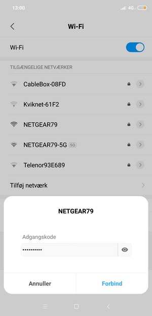 Indtast Wi-Fi adgangskoden og vælg Forbind