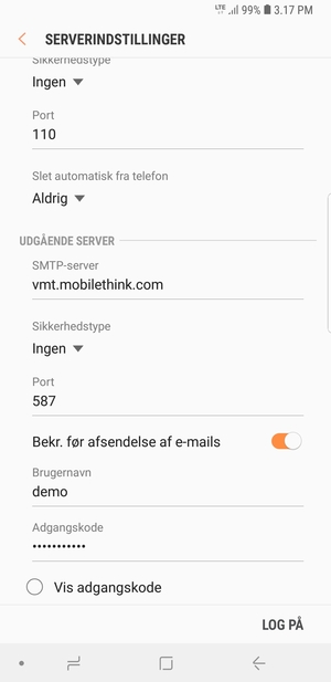 Scroll ned og indtast udgående serveradresse
