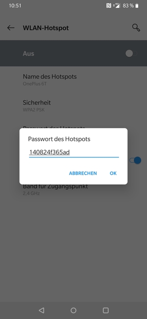 Geben Sie eine WLAN-Hotspot-Passwort mit mindestens 8 Zeichen ein und wählen Sie OK
