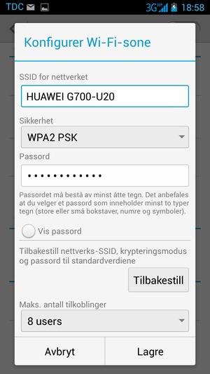 Skriv inn et Wi-Fi hotspot-passord på minst 8 tegn og velg Lagre