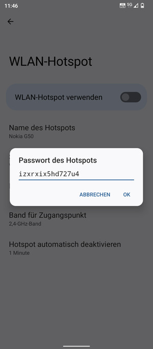 Geben Sie eine WLAN-Hotspot-Passwort mit mindestens 8 Zeichen ein und wählen Sie OK