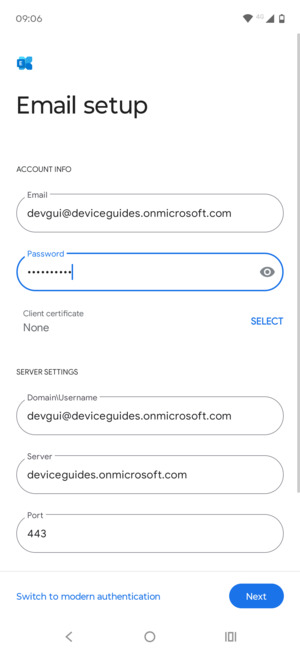Enter Username and Exchange server address. Select Next
