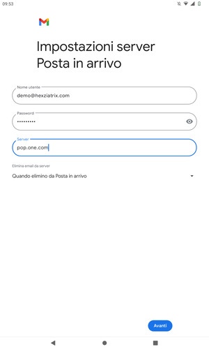 Inserisci Nome utente e l'indirizzo del server di posta in arrivo. Seleziona Avanti