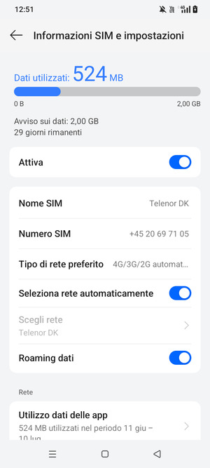 Attiva o disattiva Roaming dati