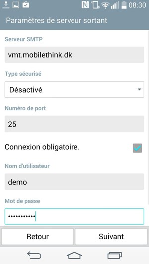 Saisissez l'adresse du serveur sortant
