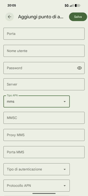 Scorri verso il basso e inserisci le informazioni degli MMS