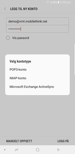 Velg POP3-konto eller IMAP-konto