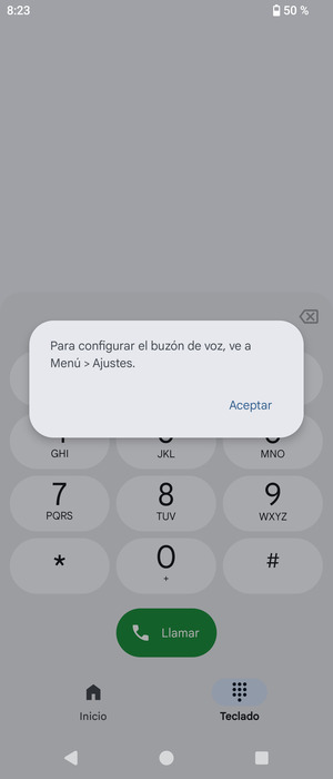 Si el correo de voz no está configurado, seleccione Aceptar