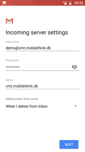 Enter Username and Incoming server address. Select NEXT
