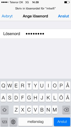 Ange lösenord till Wi-Fi och välj Anslut