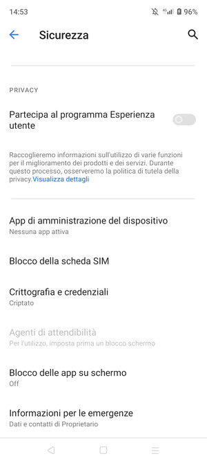 Per cambiare il PIN della scheda SIM, scorri e seleziona Blocco della scheda SIM