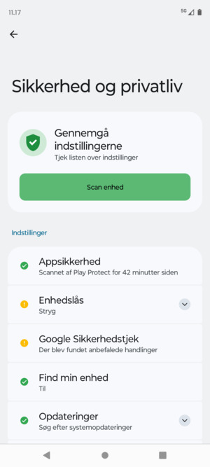 For at aktivere din skærmlås, gå til menuen Sikkerhed og privatliv og vælg Enhedslås
