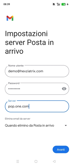 Inserisci Nome utente e l'indirizzo del server di posta in arrivo. Seleziona Avanti