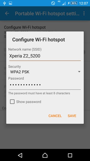Enter a Wi-Fi hotspot password of at least 8 characters and select SAVE
