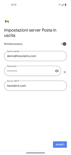 Inserisci l'indirizzo del server di posta in uscita e seleziona AVANTI