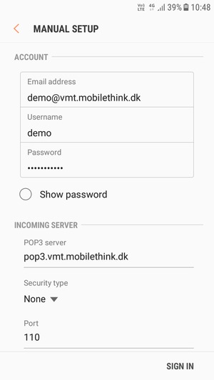 Enter Username and Incoming server address