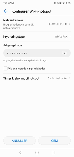Indtast en Wi-Fi-hotspot adgangskode på minimum 8 tegn og vælg GEM