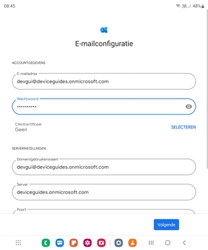 Voer Gebruikersnaam en Exchange serveradres in. Selecteer Volgende