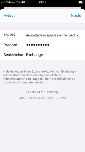 Skriv inn Exchange e-postinformasjon og velg Neste