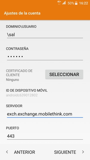 Introduzca Nombre de usuario y la dirección de servidor Exchange. Seleccione SIGUIENTE