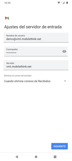 Introduzca Nombre de usuario y la dirección de servidor entrante. Seleccione SIGUIENTE
