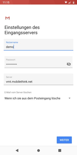 Geben Sie Benutzername und die Server-Adresse für eingehende Post ein. Wählen Sie WEITER