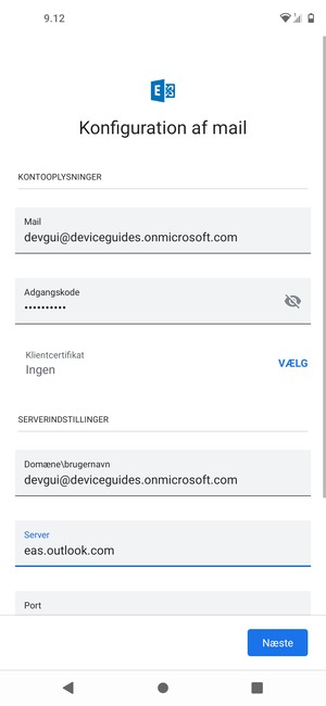 Indtast Brugernavn og Exchange serveradresse. Vælg Næste