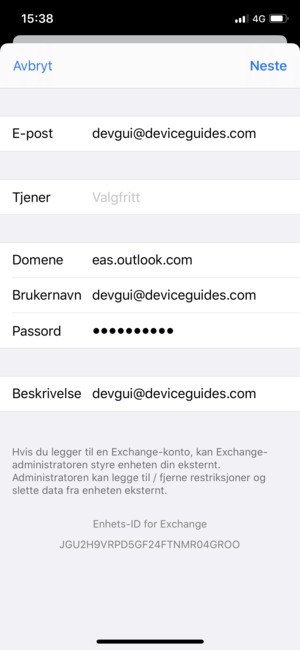 Skriv inn Exchange e-postinformasjon og velg Neste