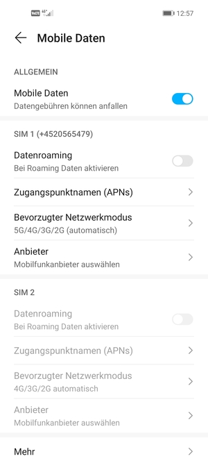 Scrollen Sie zu SIM 1 oder SIM 2 und wählen Sie Zugangspunktnamen (APNs)