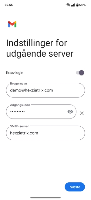 Indtast udgående serveradresse og vælg Næste