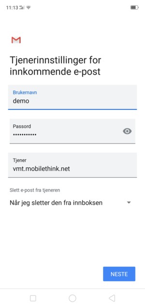 Skriv inn Brukernavn og innkommende serveradresse. Velg NESTE