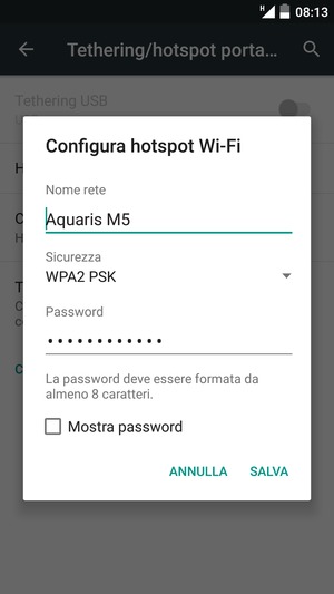 Inserisci una password dell'hotspot Wi-Fi di almeno 8 caratteri e seleziona SALVA