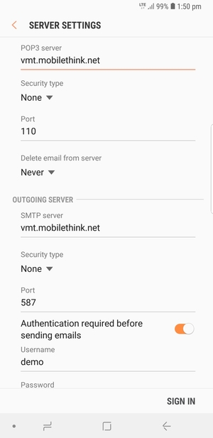 Scroll down and enter Outgoing server address