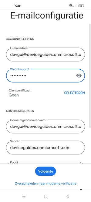 Voer Gebruikersnaam en Exchange serveradres in. Selecteer Volgende