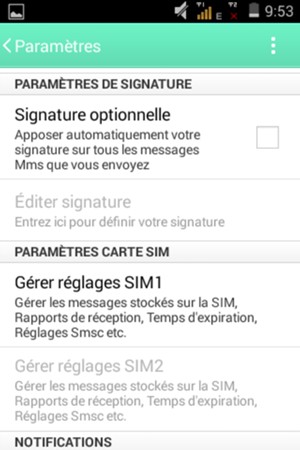 Sélectionnez Gérer réglages SIM1 ou Gérer réglages SIM2