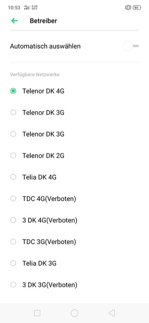 Wählen Sie einen Netzbetreiber von der Liste