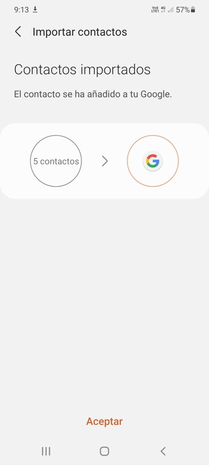 Sus contactos se guardarán en su cuenta de Google y se guardarán en su teléfono la próxima vez que Google sea sincronizado.