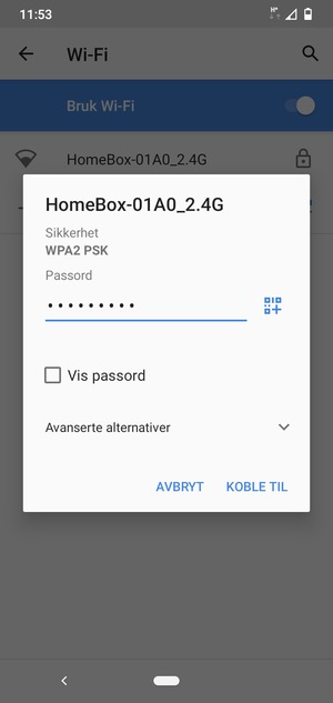 Skriv inn Wi-Fi-passord og velg KOBLE TIL