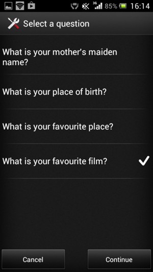 Select a security question and select Continue