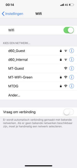Zet WiFi ON. Selecteer het draadloze netwerk waarmee u wilt verbinden