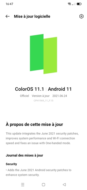 Si votre téléphone est à jour, vous verrez l'écran suivant