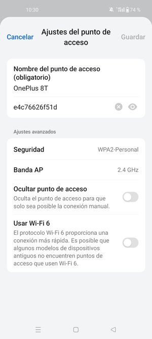 Introduzca una contraseña de punto de acceso Wi-Fi de al menos 8 caracteres y seleccione Guardar