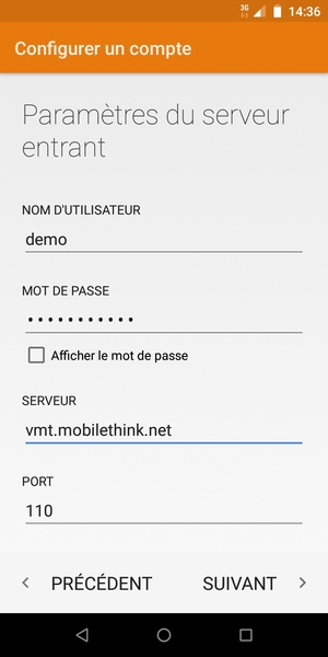 Saisissez votre Nom d'utilisateur et l'adresse du serveur entrant. Sélectionnez SUIVANT